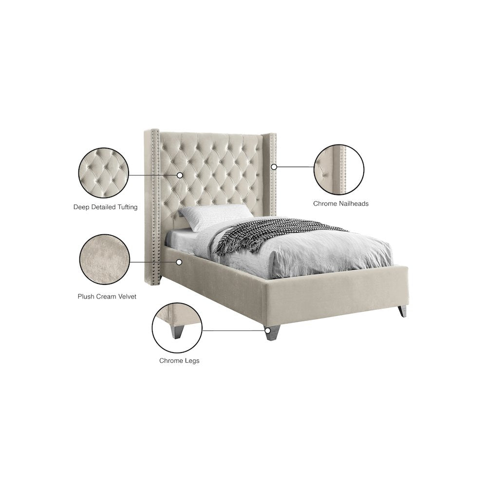 Aiden Cream Velvet Twin Bed