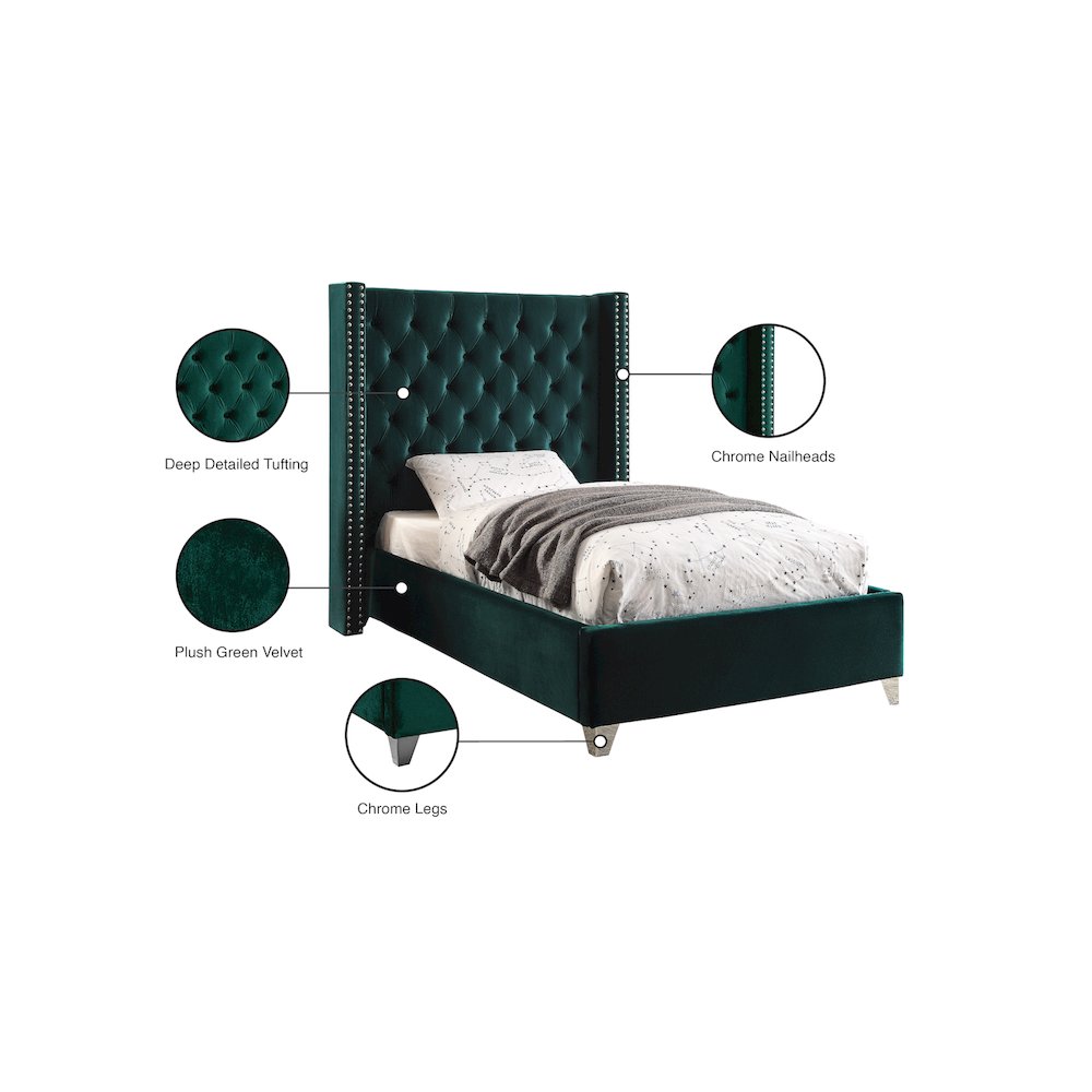 Aiden Green Velvet Twin Bed