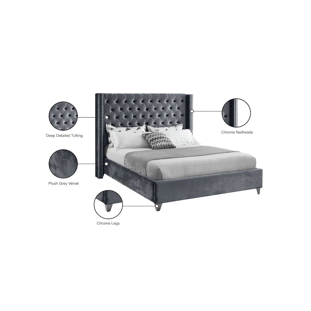 Aiden Grey Velvet Queen Bed