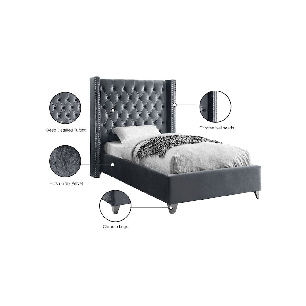 Aiden Grey Velvet Twin Bed