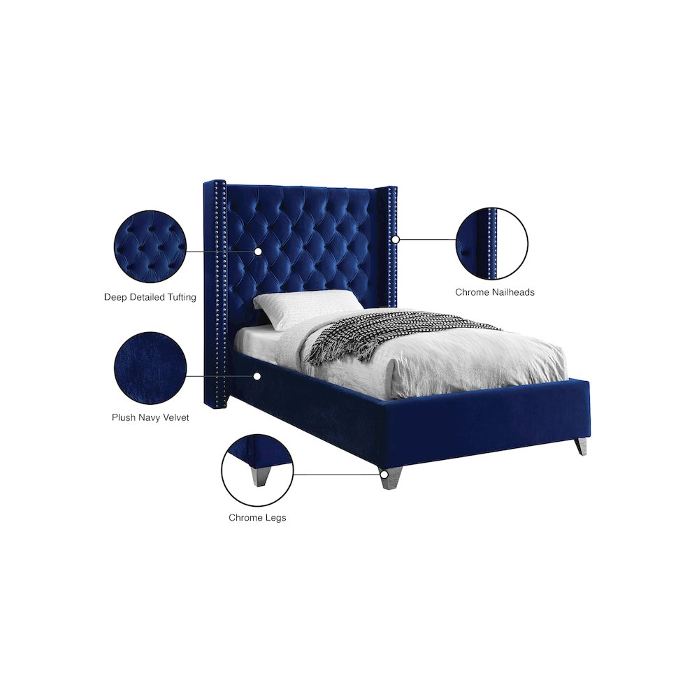 Aiden Navy Velvet Twin Bed