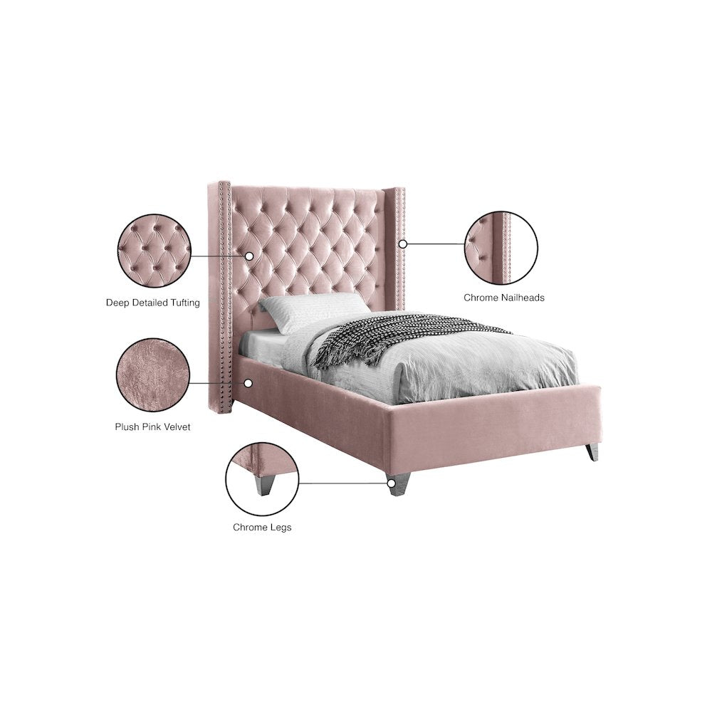 Aiden Pink Velvet Twin Bed