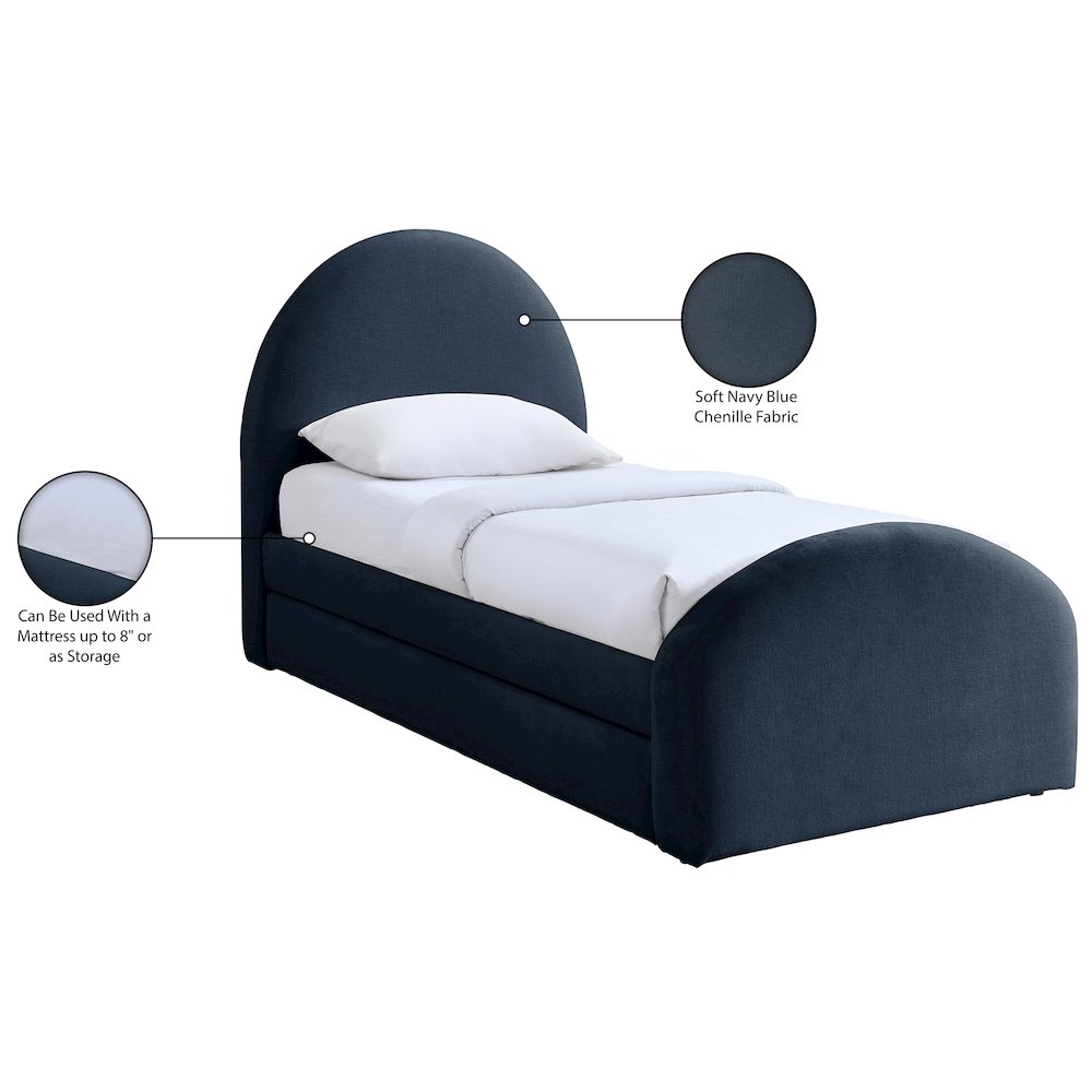 Andaz Navy Chenille Fabric Upholstered Twin Trundle Bed