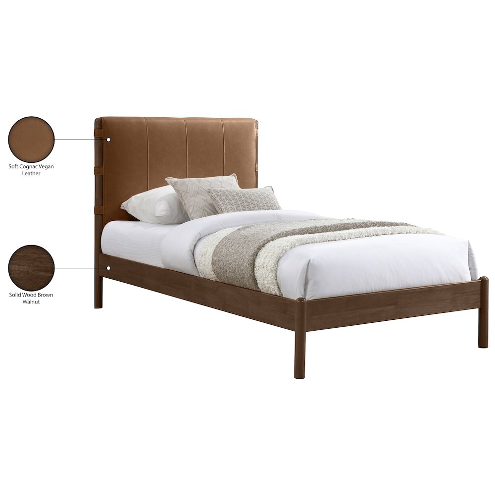 Arielle Cognac Vegan Leather Upholstered Twin Bed (3 Boxes)
