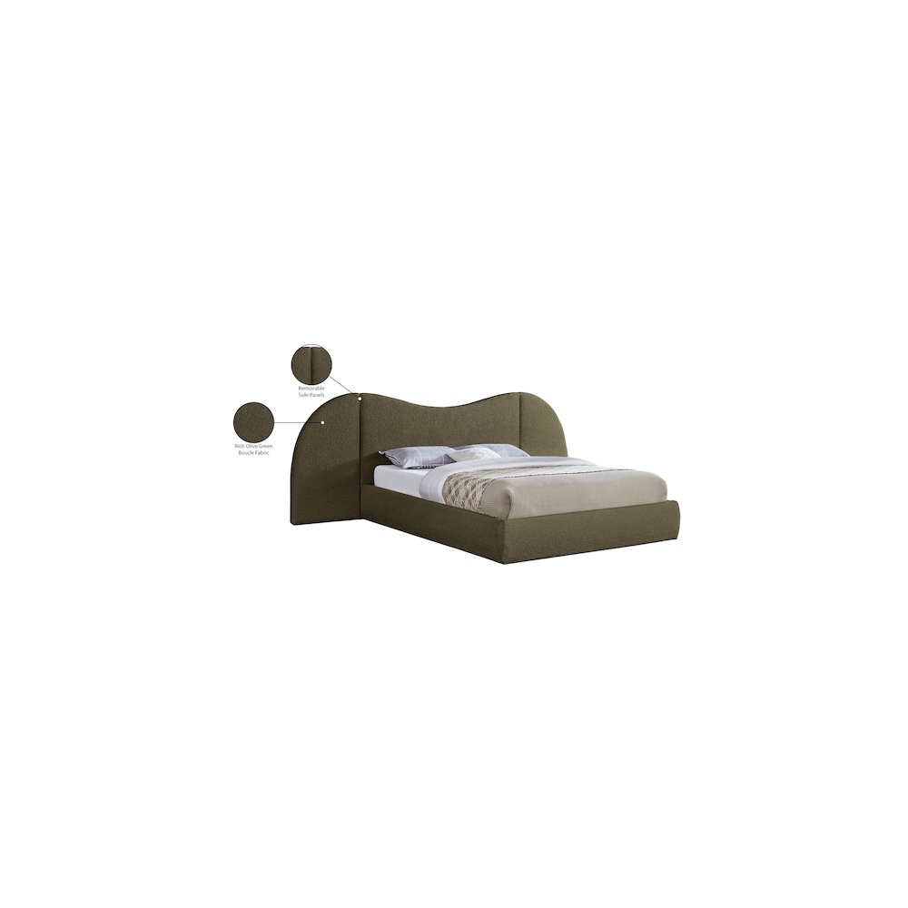 Everest Olive Green Boucle Fabric Queen Bed