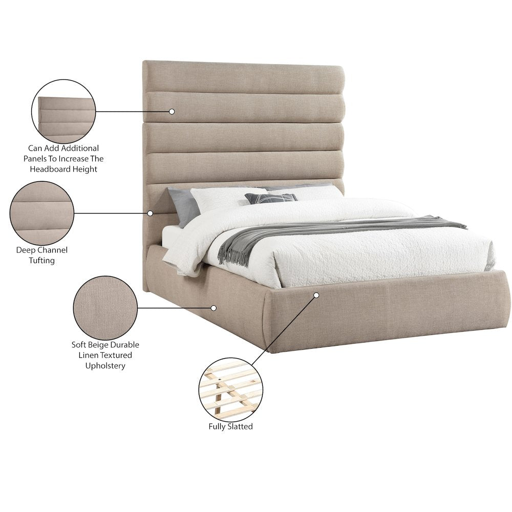 Adam Beige Linen Textured Fabric Queen Bed