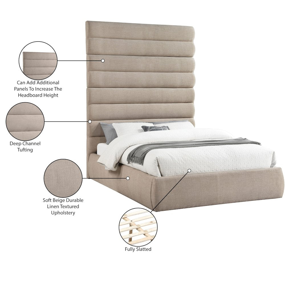 Adam Beige Linen Textured Fabric Queen Bed