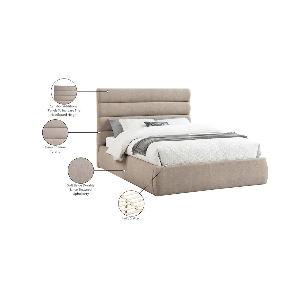 Adam Beige Linen Textured Fabric Queen Bed