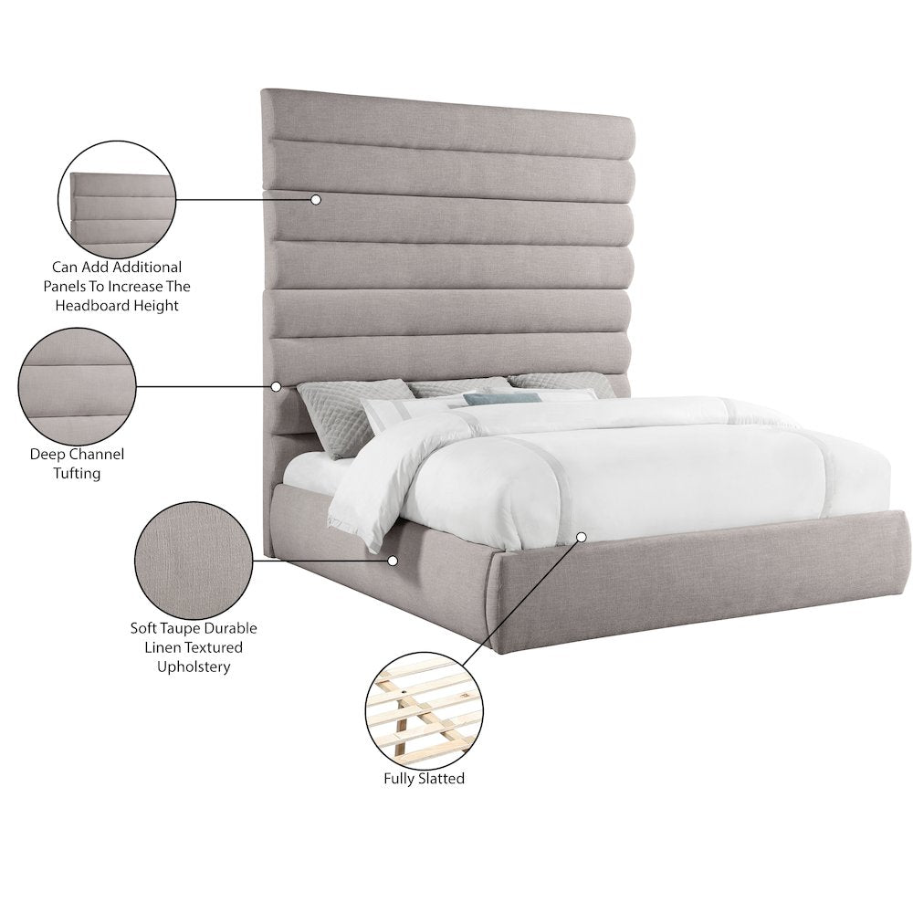 Adam Taupe Linen Textured Fabric King Bed