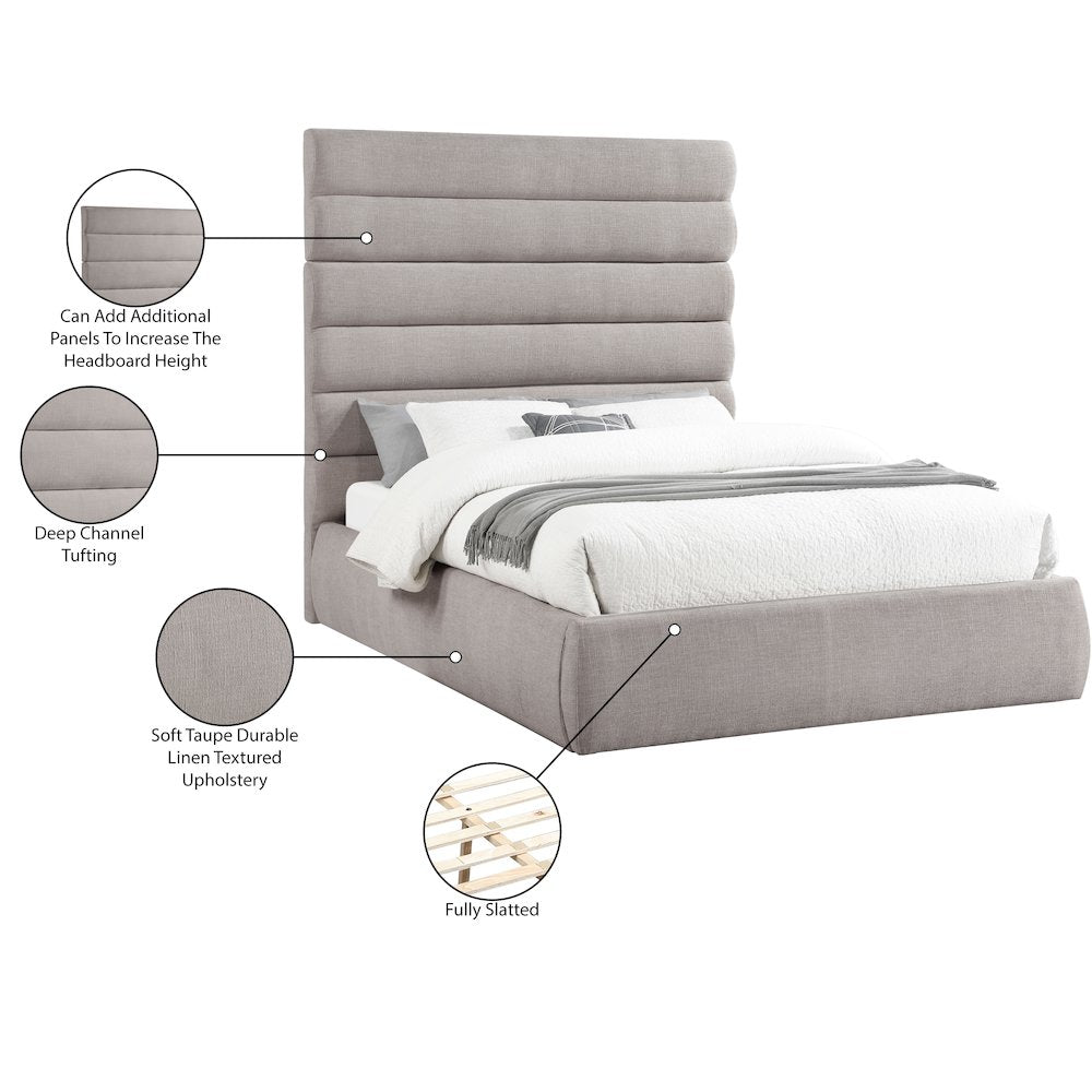 Adam Taupe Linen Textured Fabric Queen Bed
