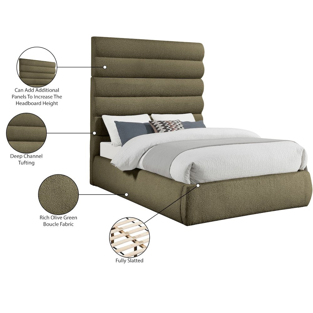 Adam Olive Boucle Fabric King Bed