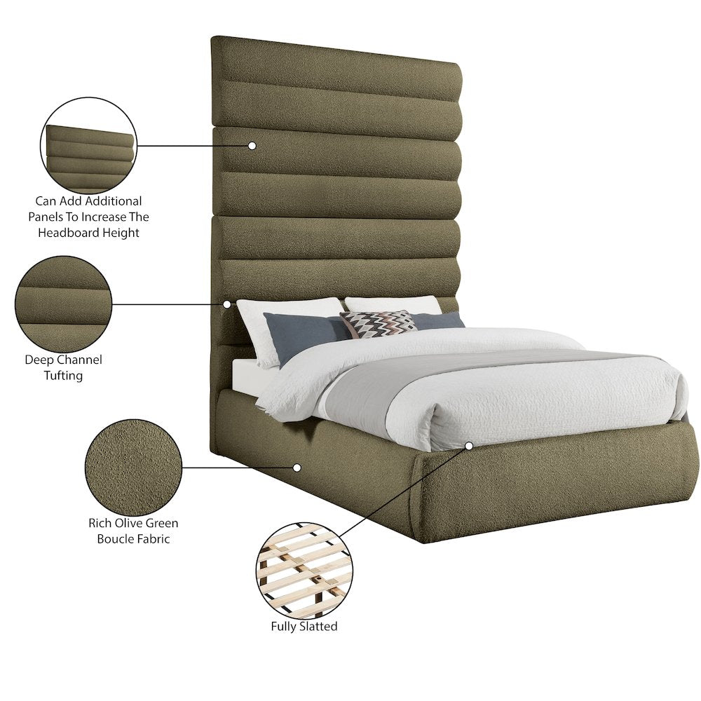 Adam Olive Boucle Fabric Queen Bed