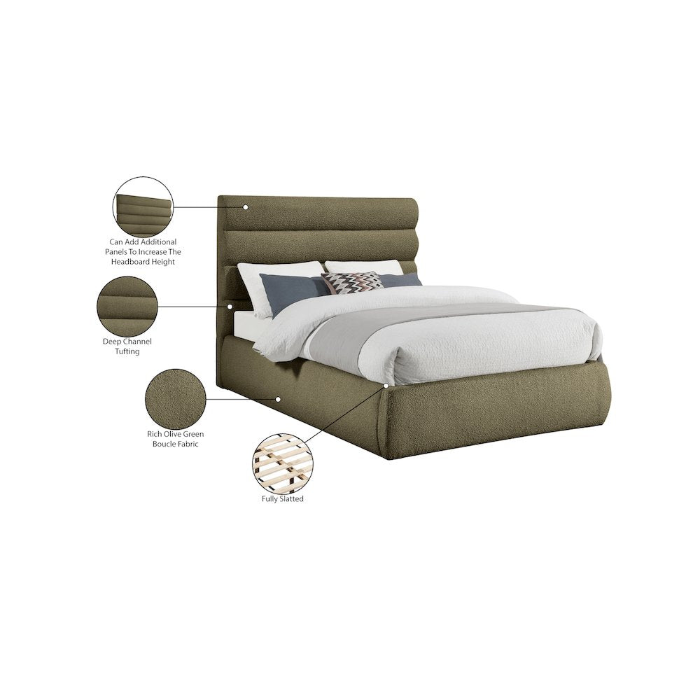 Adam Olive Boucle Fabric Queen Bed