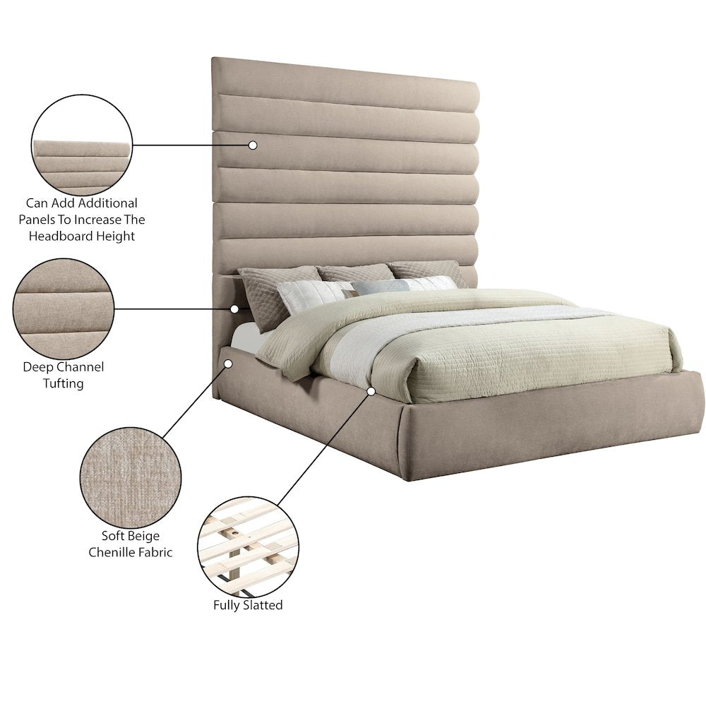 Adam Beige Chenille Fabric King Bed