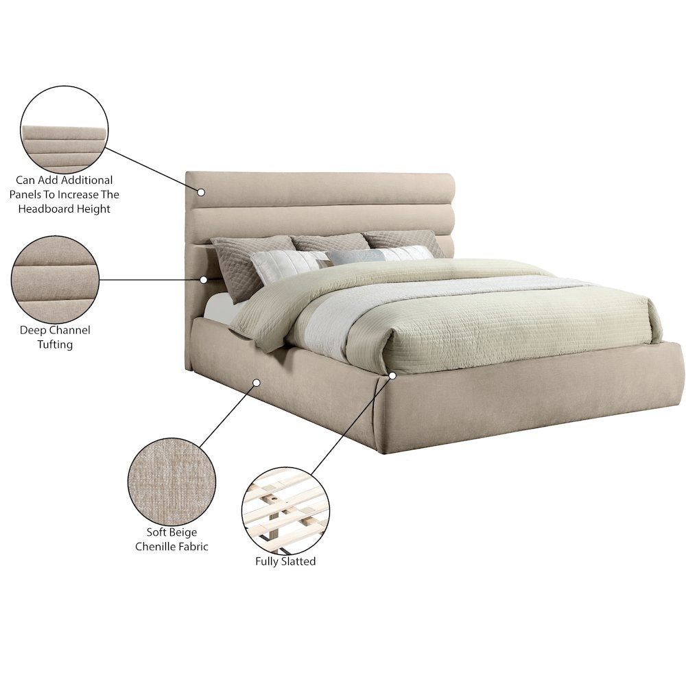 Adam Beige Chenille Fabric King Bed