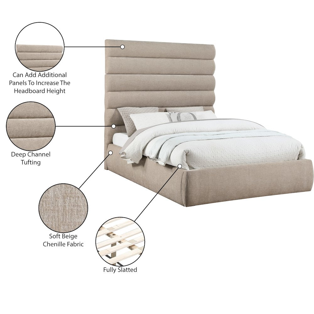 Adam Beige Chenille Fabric Queen Bed