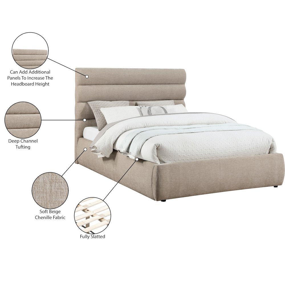 Adam Beige Chenille Fabric Queen Bed