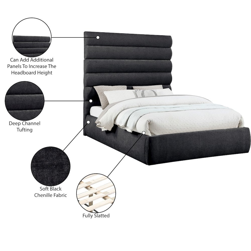 Adam Black Chenille Fabric Queen Bed