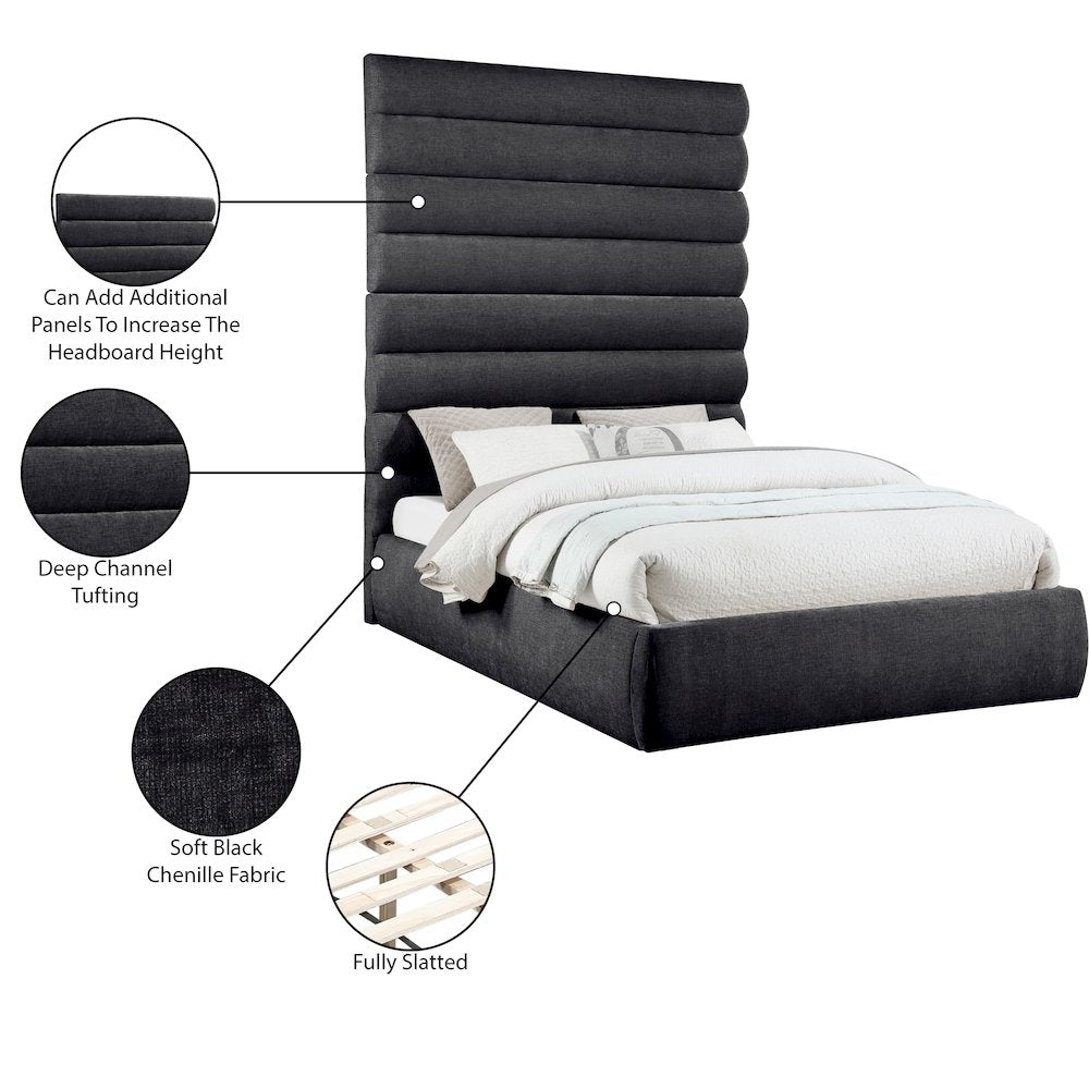 Adam Black Chenille Fabric Queen Bed