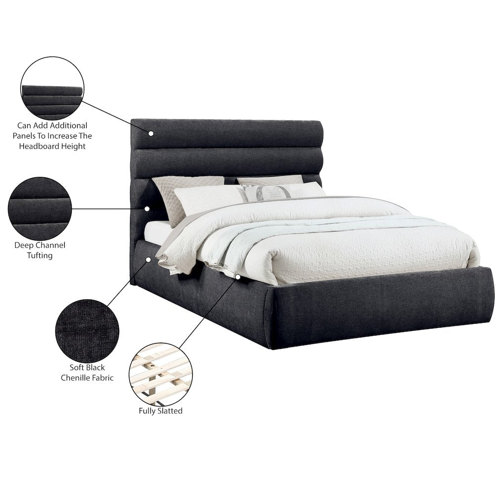 Adam Black Chenille Fabric Queen Bed