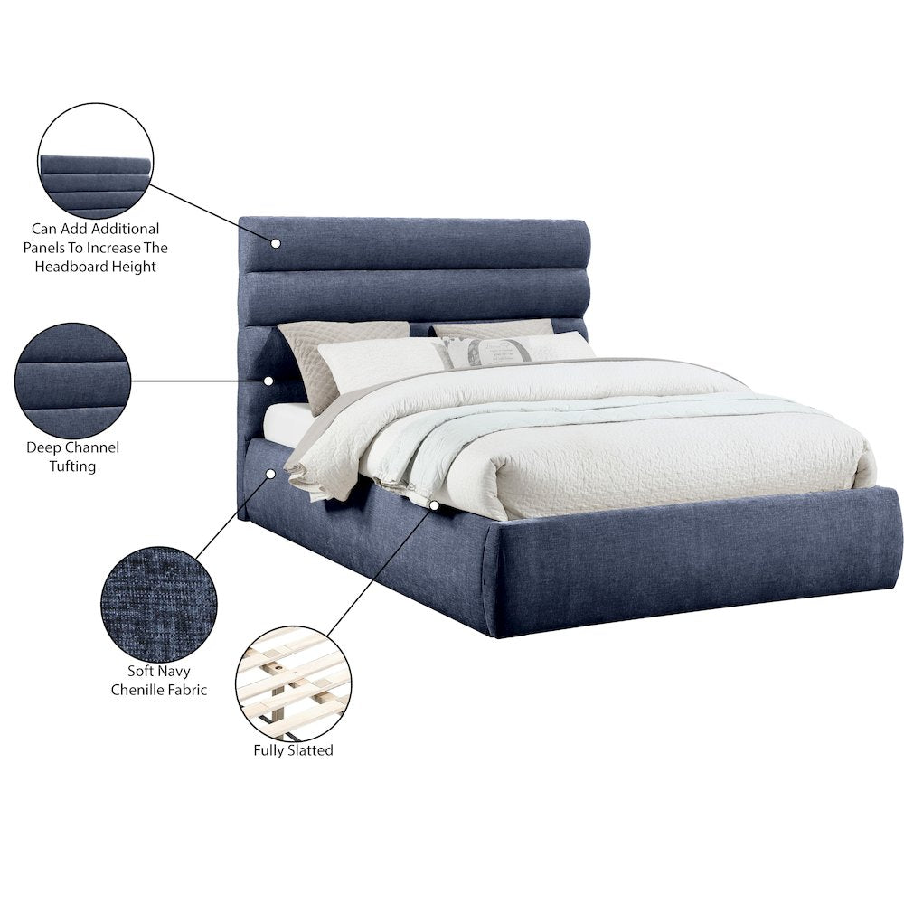 Adam Navy Chenille Fabric Queen Bed