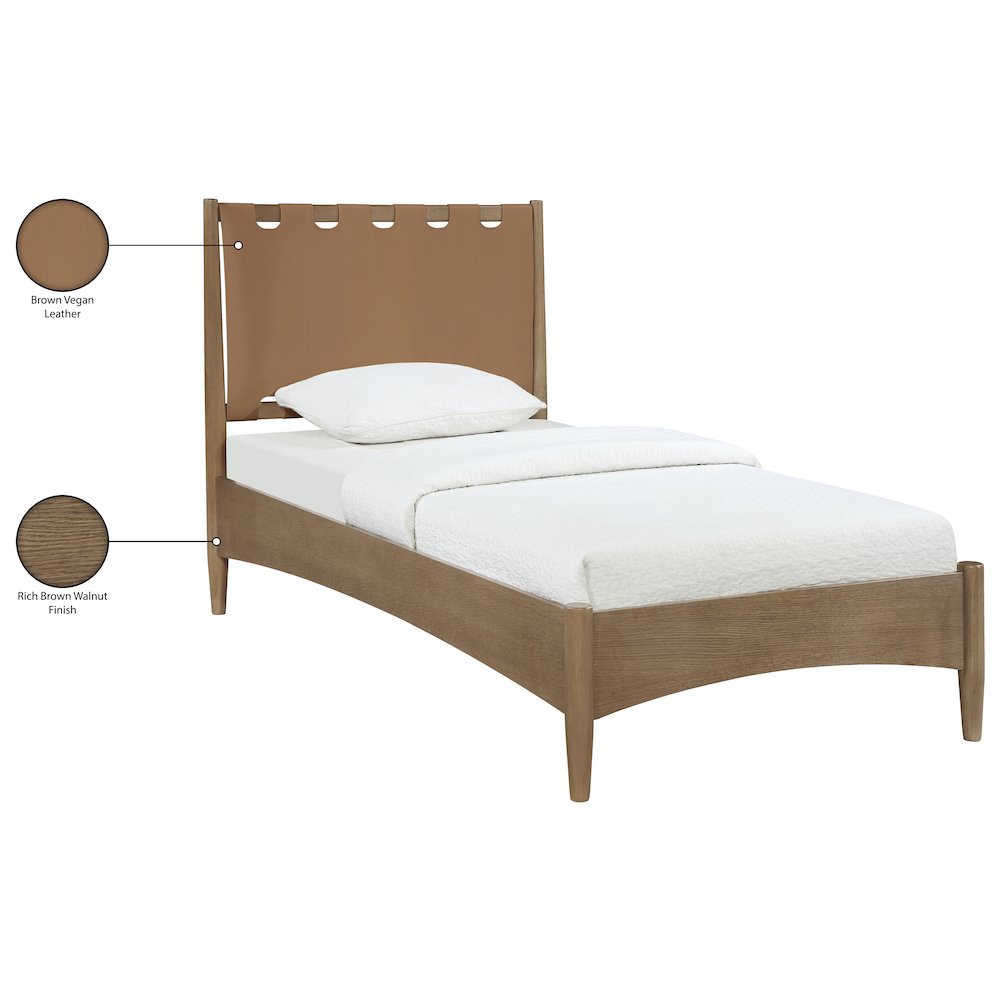 Santos Brown Vegan Leather Headboard And Wood Twin Bed