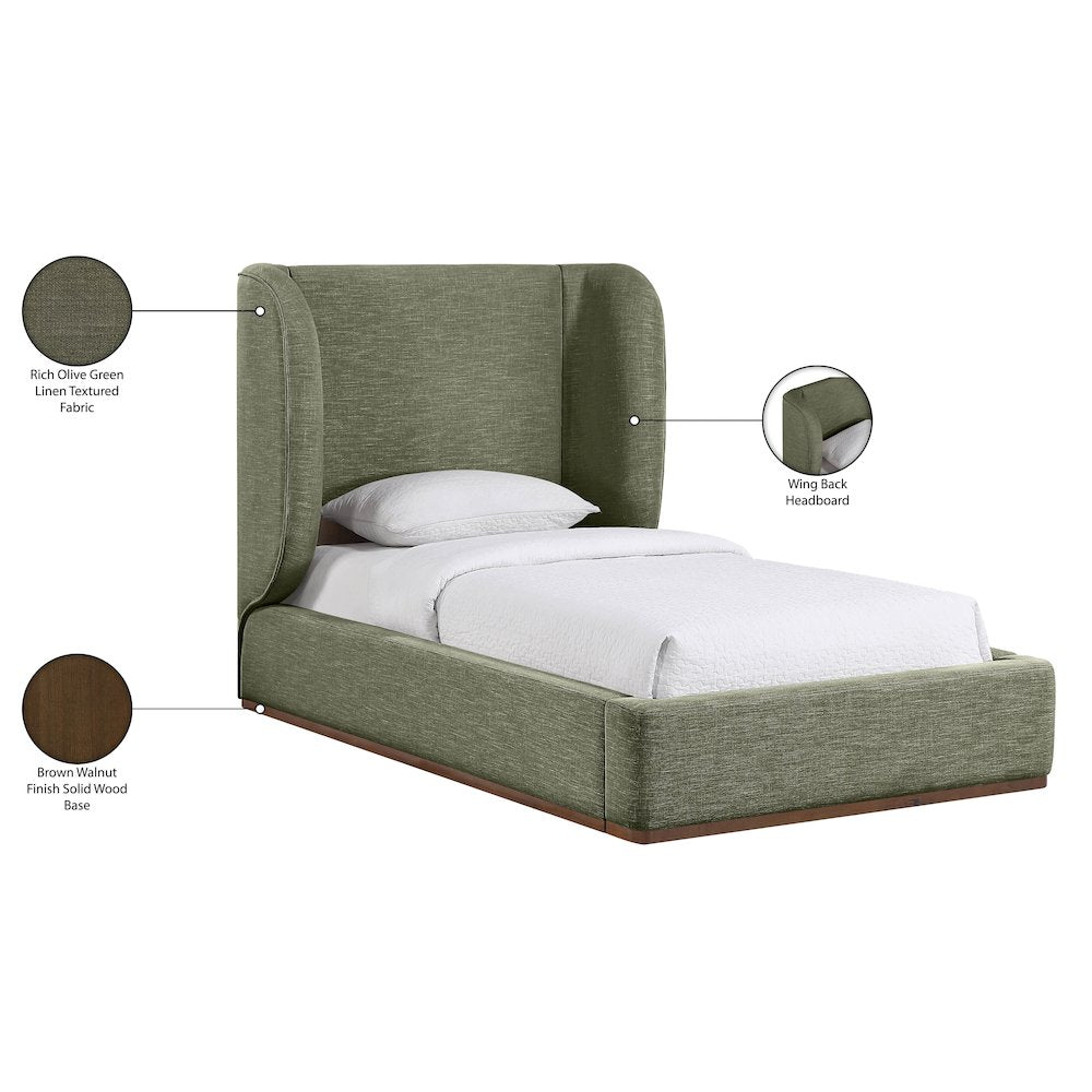 Aurin Olive Green Linen Textured Fabric Upholstered Twin Bed