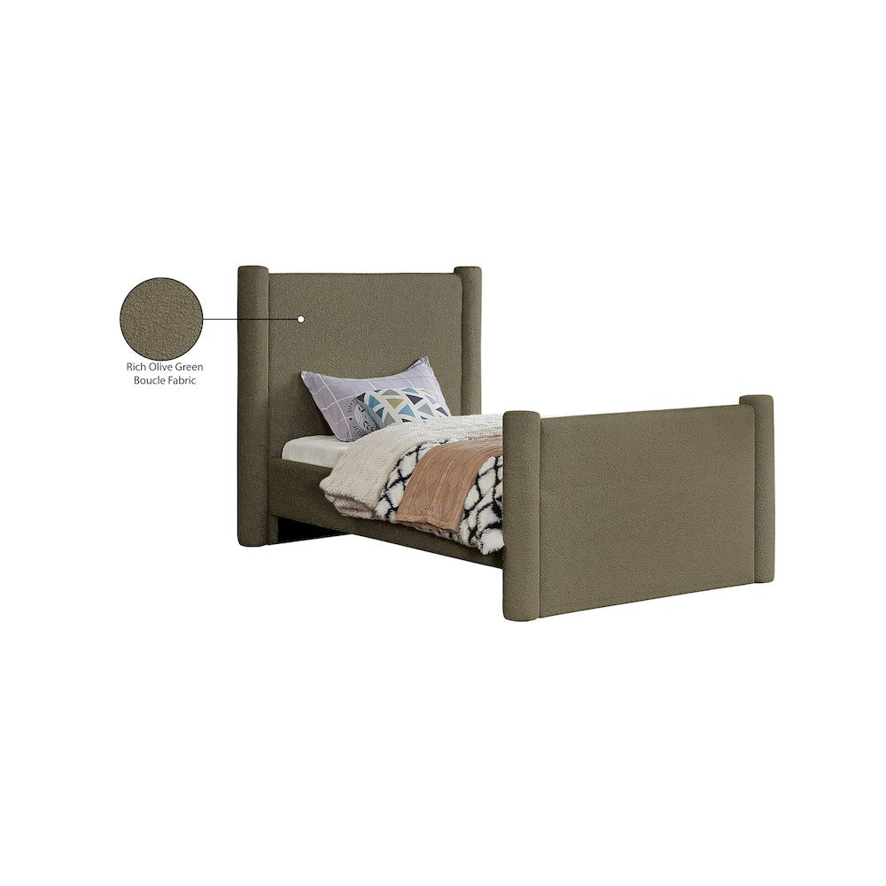 Elias Olive Green Boucle Fabric Twin Bed