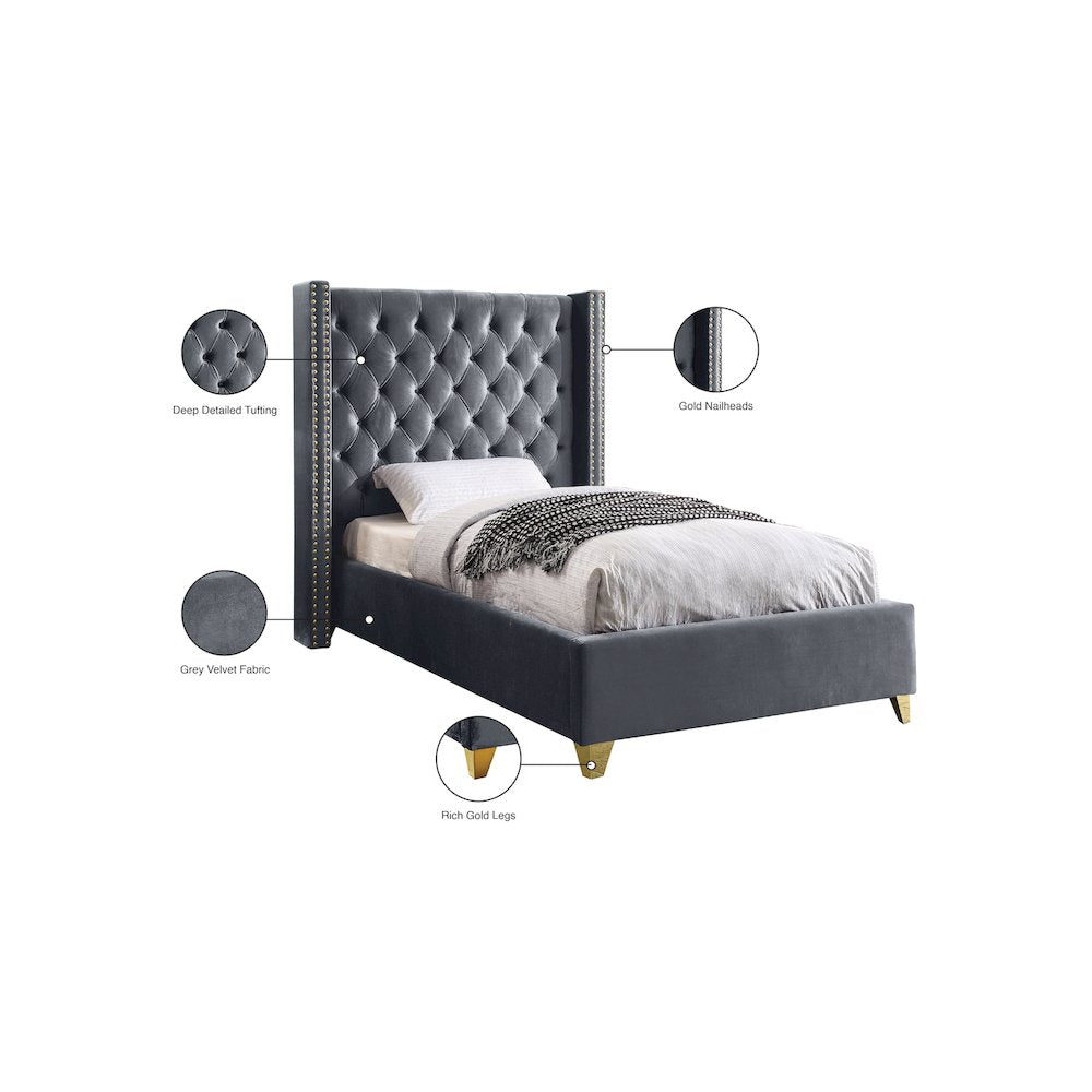 Barolo Grey Velvet Twin Bed