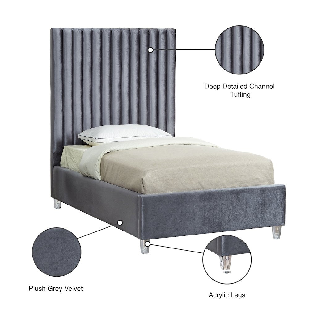 Candace Grey Velvet Twin Bed