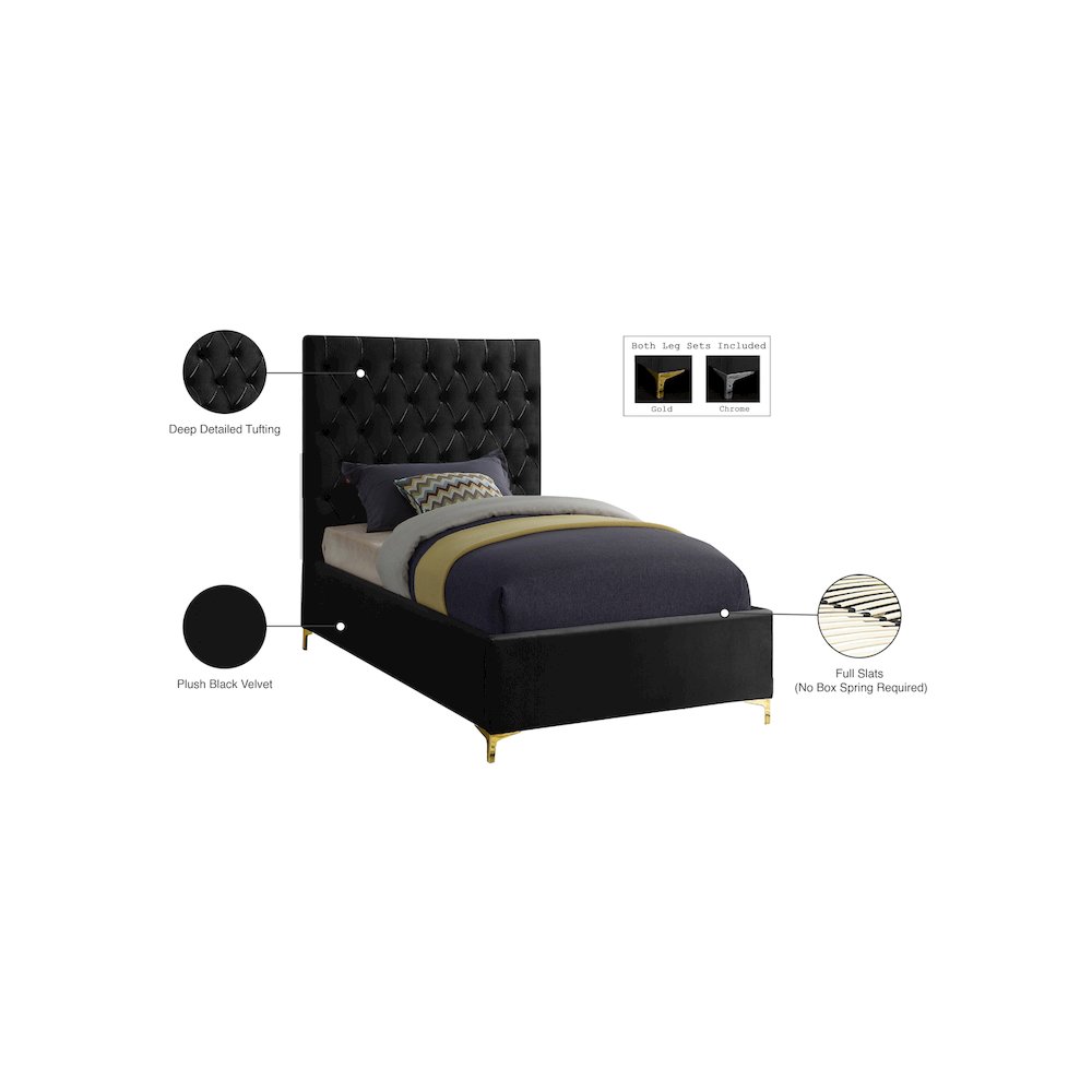 Cruz Black Velvet Twin Bed