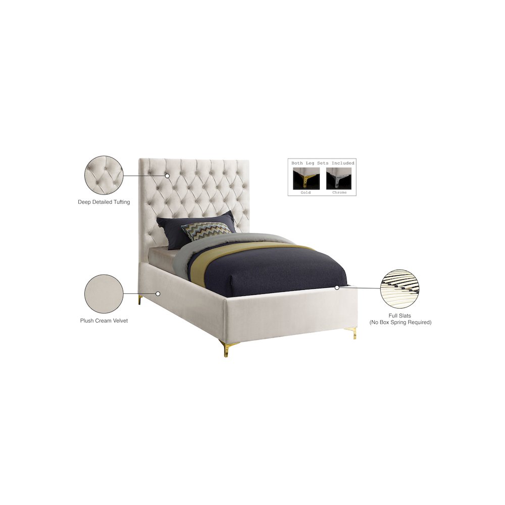 Cruz Cream Velvet Twin Bed