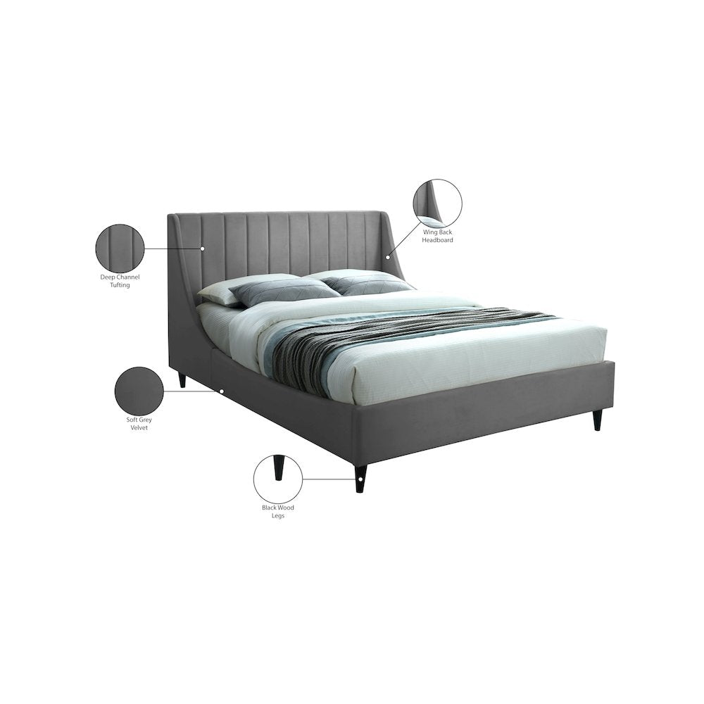 Eva Grey Velvet Queen Bed