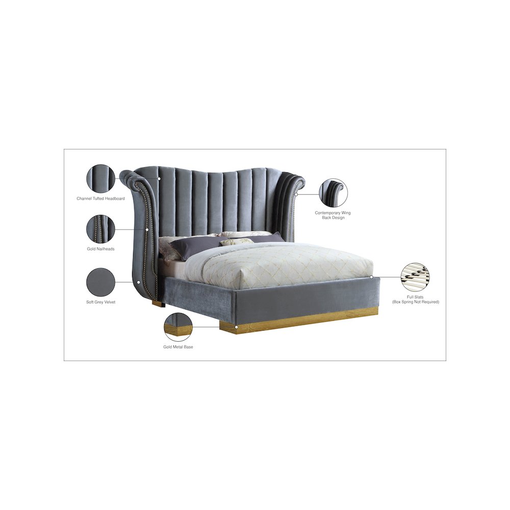 Flora Grey Velvet Queen Bed