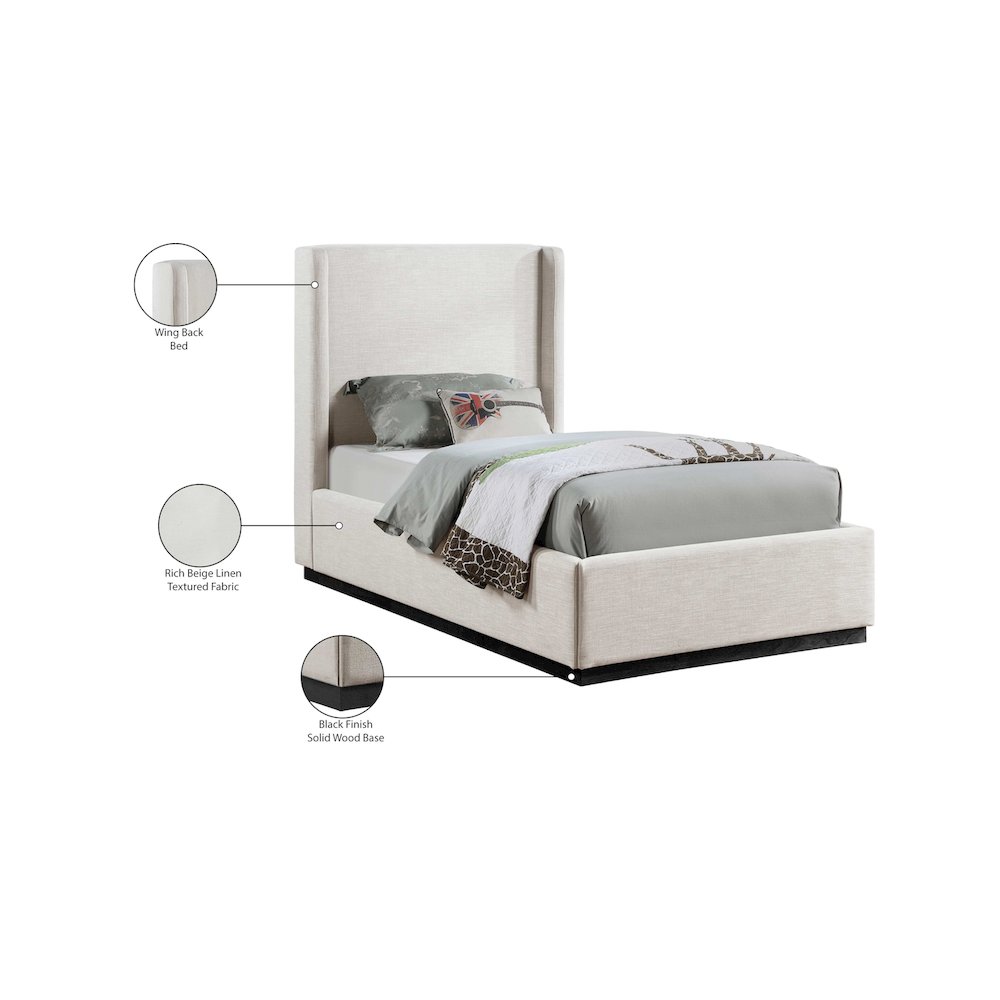 Flynn Beige Linen Textured Fabric Twin Bed
