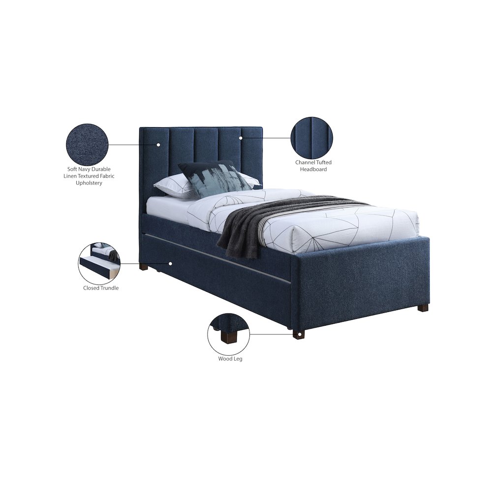 Harper Navy Linen Textured Fabric Twin Trundle Bed