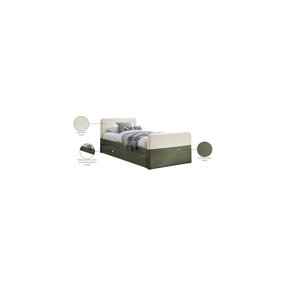 Ivy Olive & Cream Velvet Twin Trundle/Storage Bed