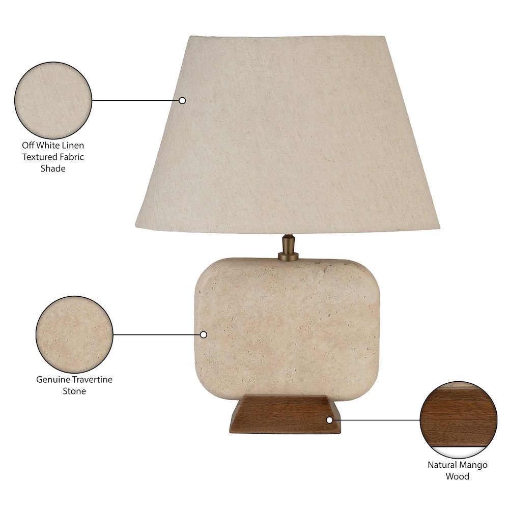 Solis Travertine / Walnut, Travertine & Walnut Wood Base, Linen Shade Table Lamp