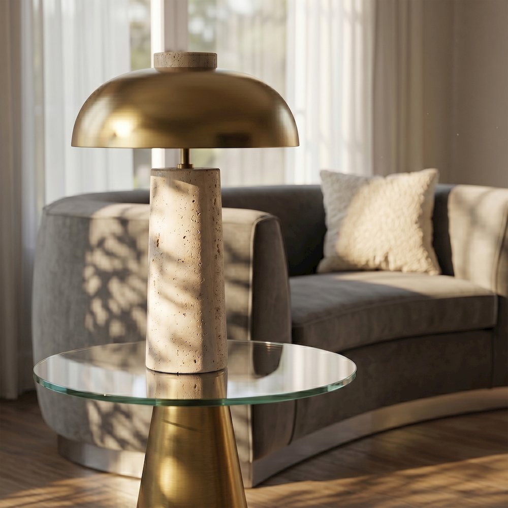 Arcadia Travertine / Gold Travertine Base And Iron Shade Table Lamp
