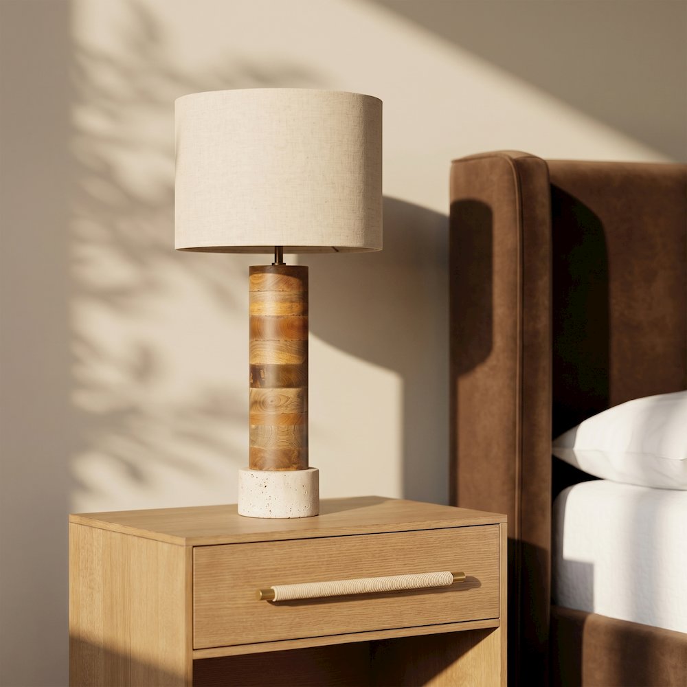 Orenda Travertine / Natural Mango Wood Base And Linen Shade Table Lamp