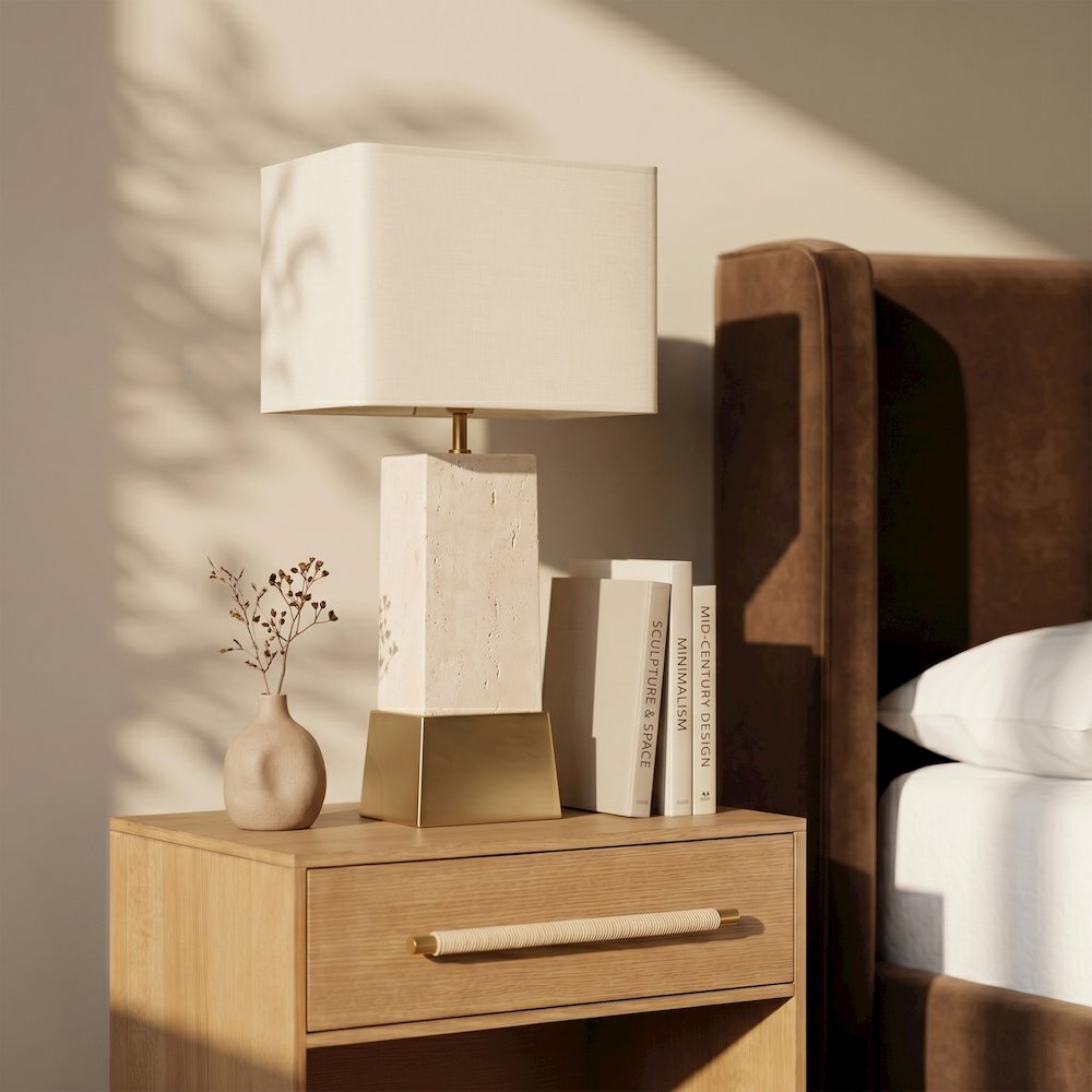 Vellara Travertine / Beige / Gold Travertine Base And Linen Shade Table Lamp