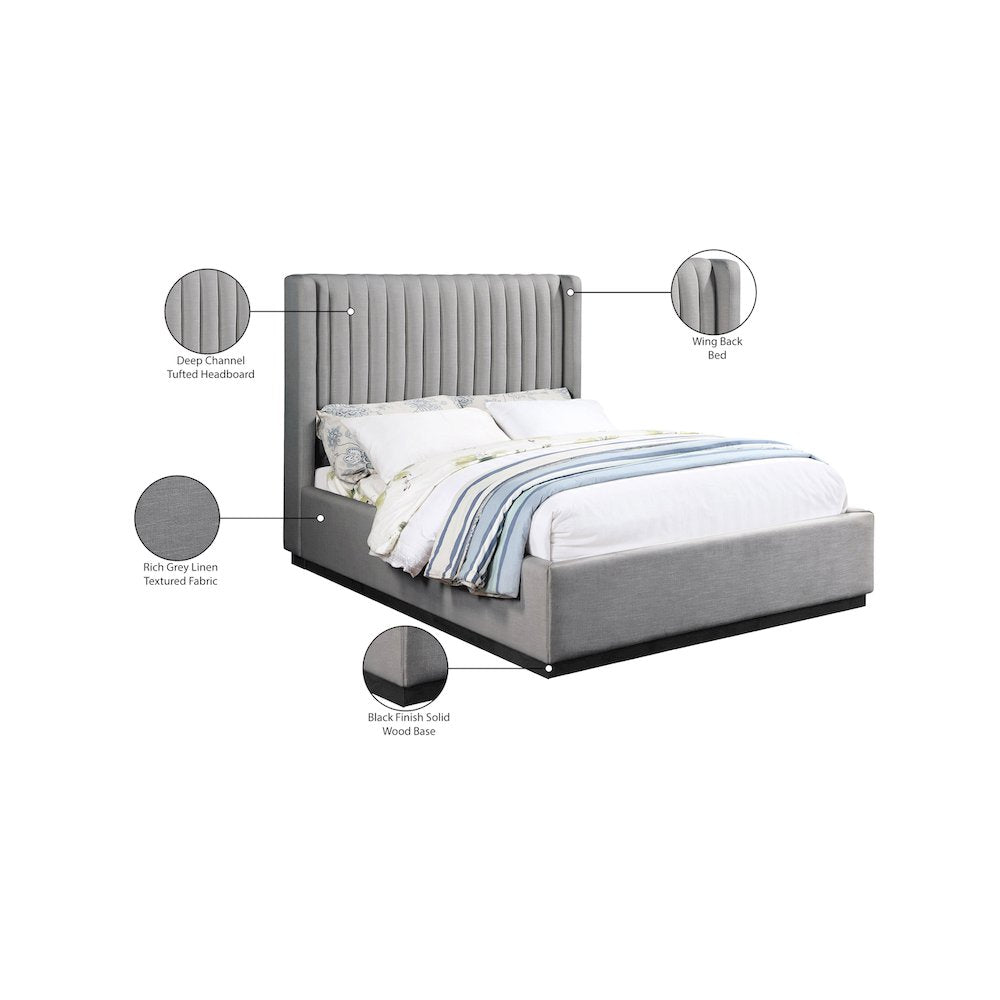 Logan Grey Linen Textured Fabric Queen Bed