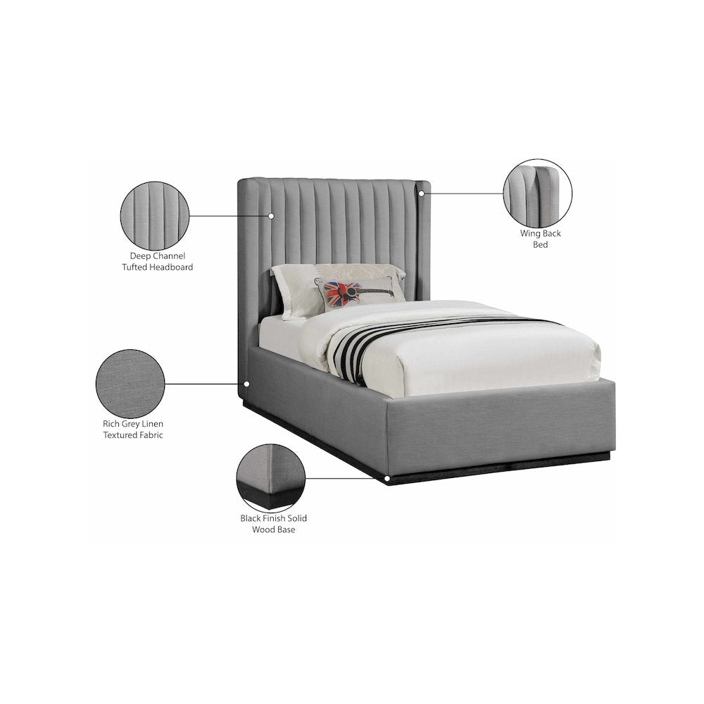 Logan Grey Linen Textured Fabric Twin Bed