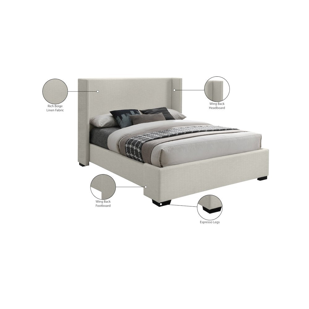 Oxford Beige Linen Textured Fabric Queen Bed