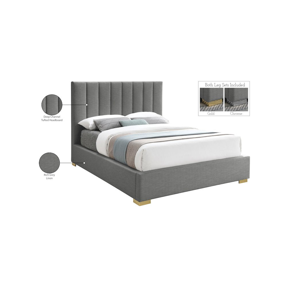 Pierce Grey Linen Textured Fabric Queen Bed