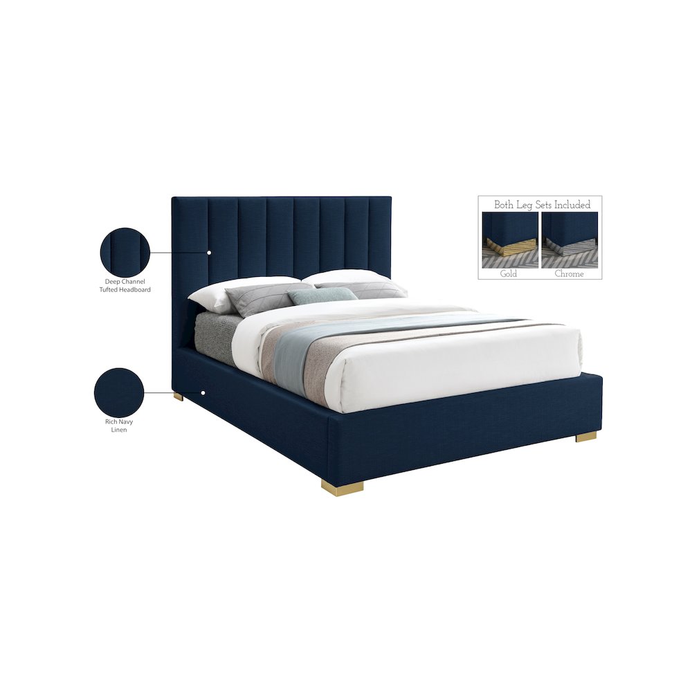 Pierce Navy Linen Textured Fabric Queen Bed