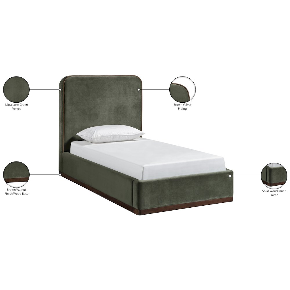 Rava Green / Brown Velvet Upholstered Twin Bed