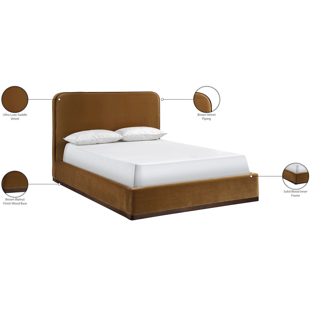 Rava Saddle / Brown Velvet Upholstered Queen Bed
