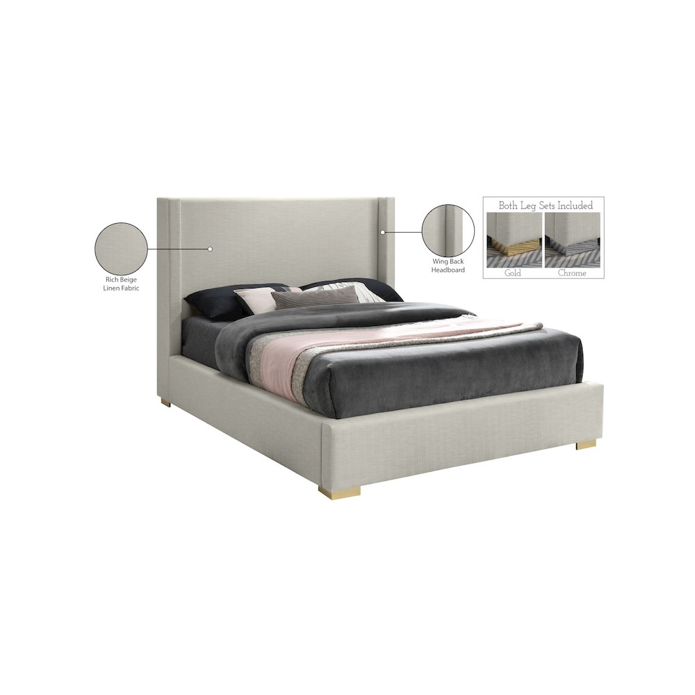 Royce Beige Linen Textured Fabric King Bed