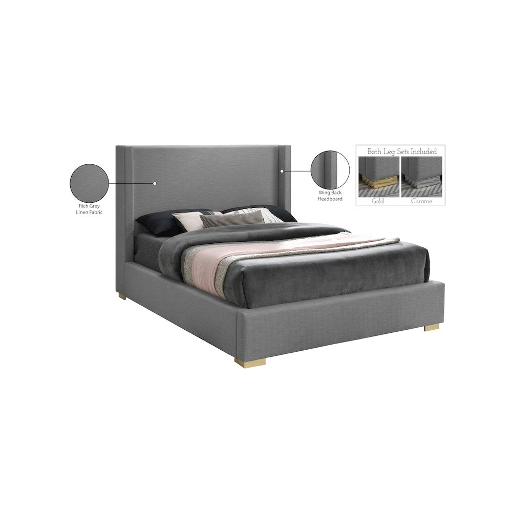 Royce Grey Linen Textured Fabric King Bed